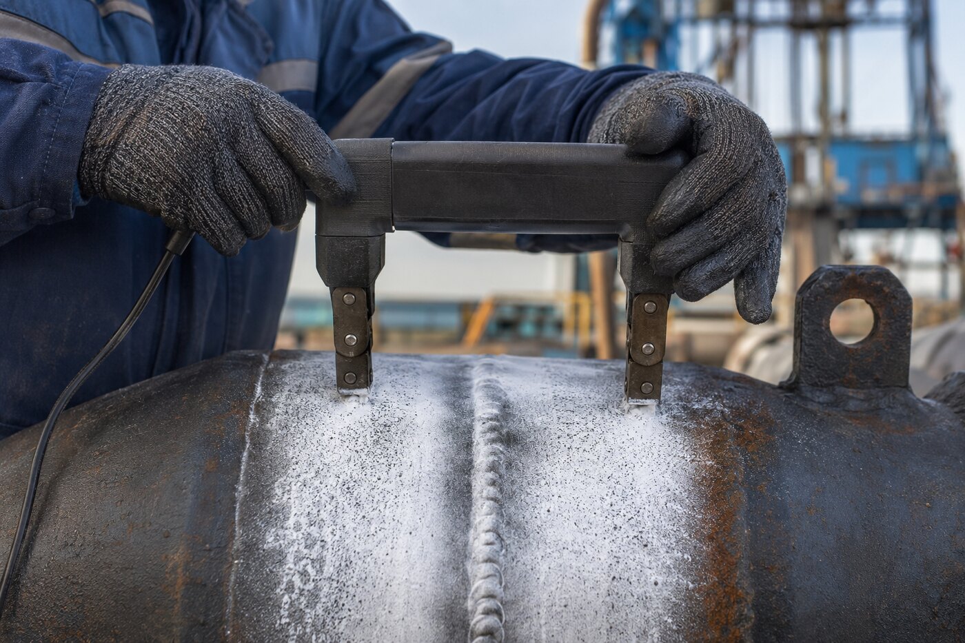 Technician performing magnetic particle inspection with an electromagnetic yoke